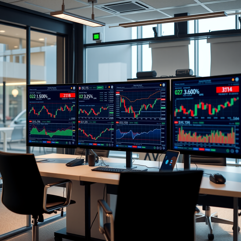 Modern trading dashboard showing multiple charts, technical indicators, and real-time market data visualization on professional monitors in a contemporary office setting