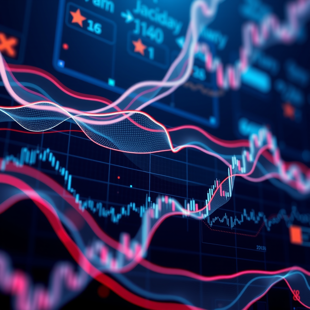 Abstract data visualization background with flowing lines and chart patterns representing market monitoring and analytics