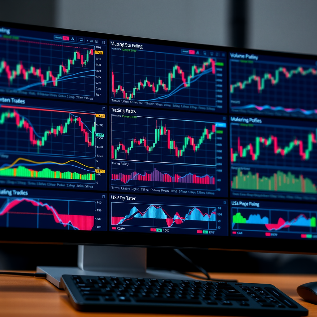 Professional trading dashboard showing multiple chart types including candlestick patterns, volume profiles, and technical indicators on a modern monitoring platform interface