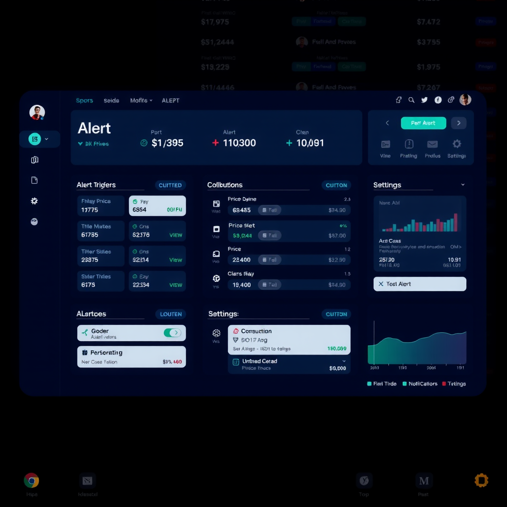 Modern trading platform dashboard showing multiple alert configuration panels with price triggers, volume indicators, and notification settings displayed on dark navy background with teal accent highlights