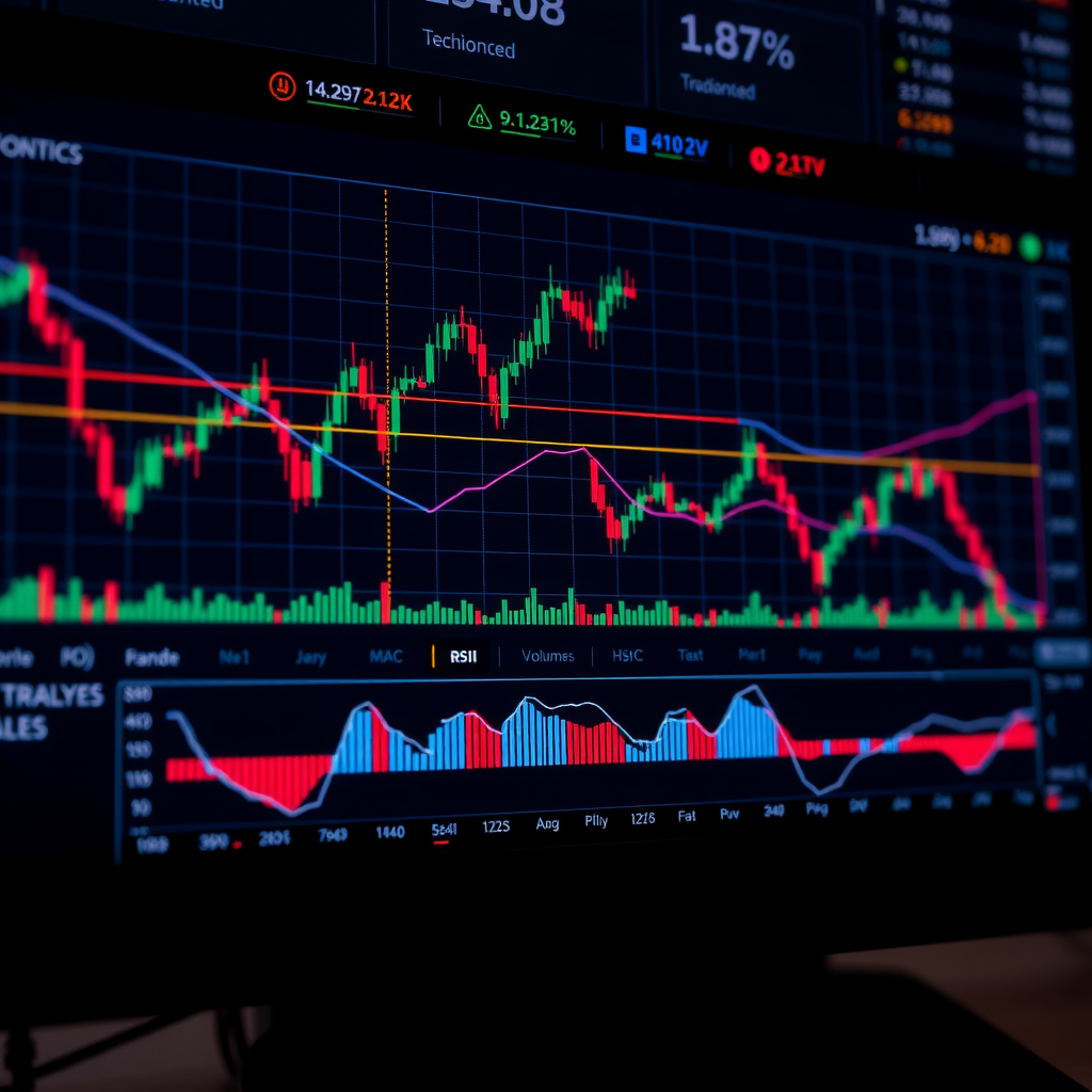 Professional trading charts displaying candlestick patterns, moving averages, RSI indicators, volume analysis, and multiple technical analysis tools on a dark-themed interface