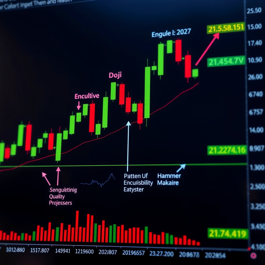 Detailed candlestick chart displaying various pattern formations including doji, engulfing, and hammer patterns with color-coded indicators and annotations for pattern recognition