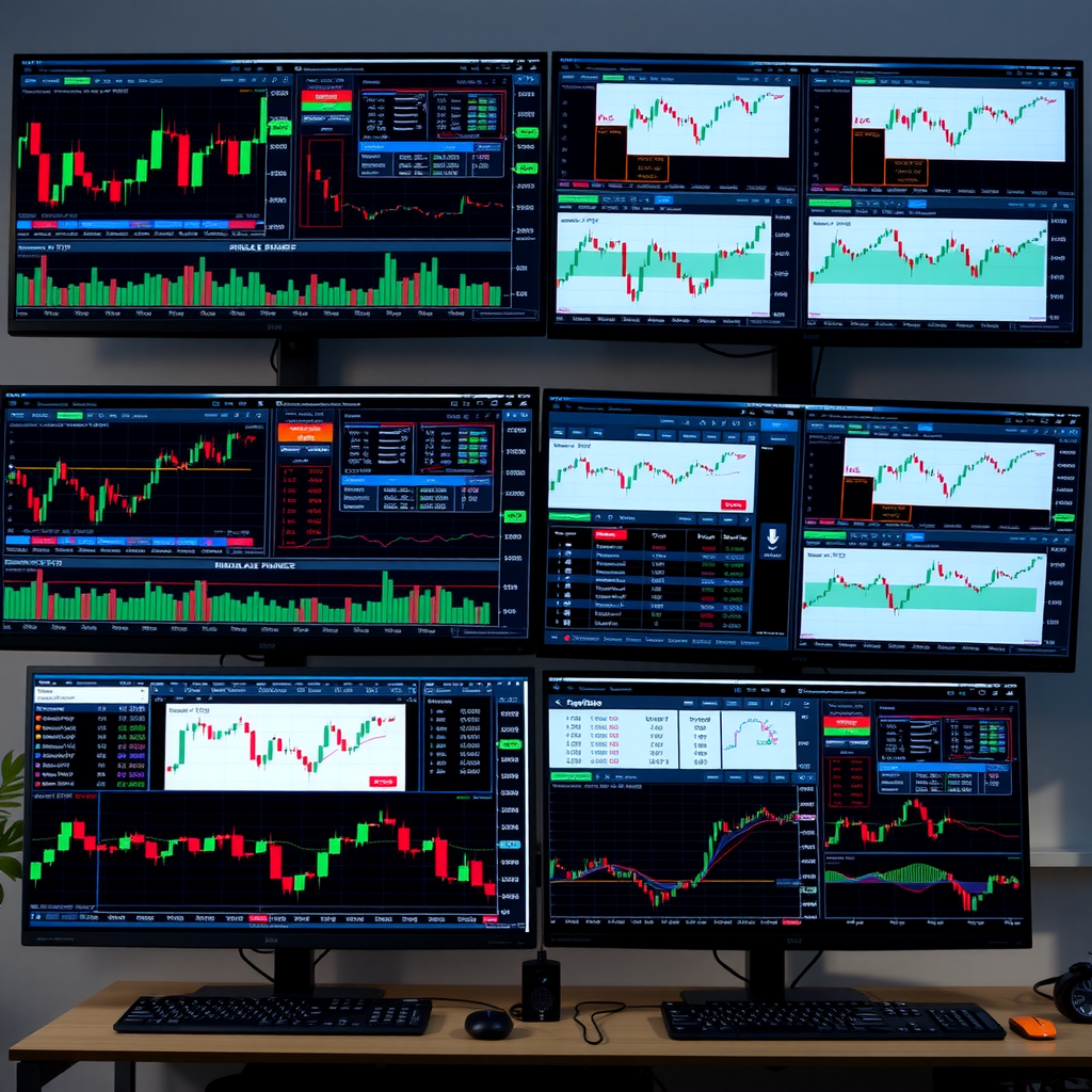 Side-by-side comparison of different trading platform interfaces showing chart layouts, indicator panels, watchlists, and order entry systems on multiple screens