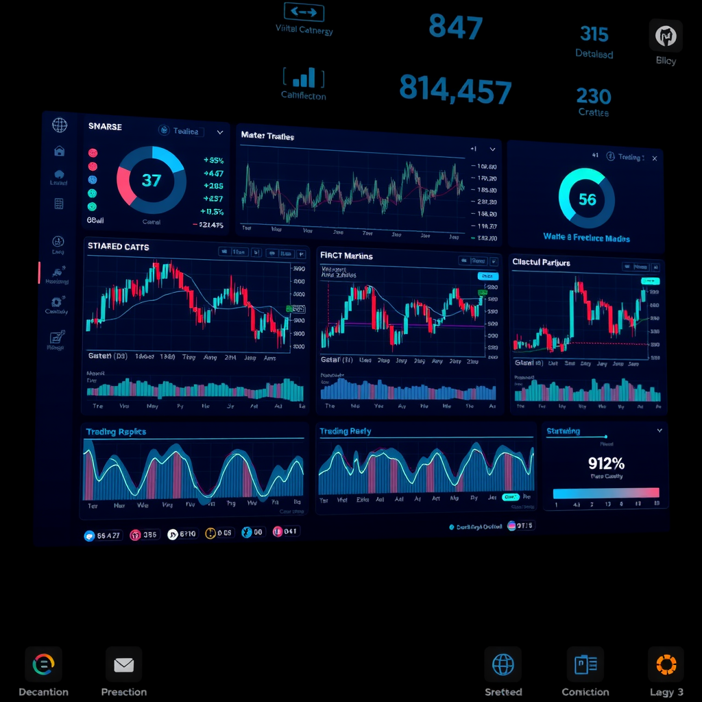 Professional trading dashboard showing real-time market data feeds with multiple streaming charts, live price tickers, and data connection status indicators on dark navy background with teal accents