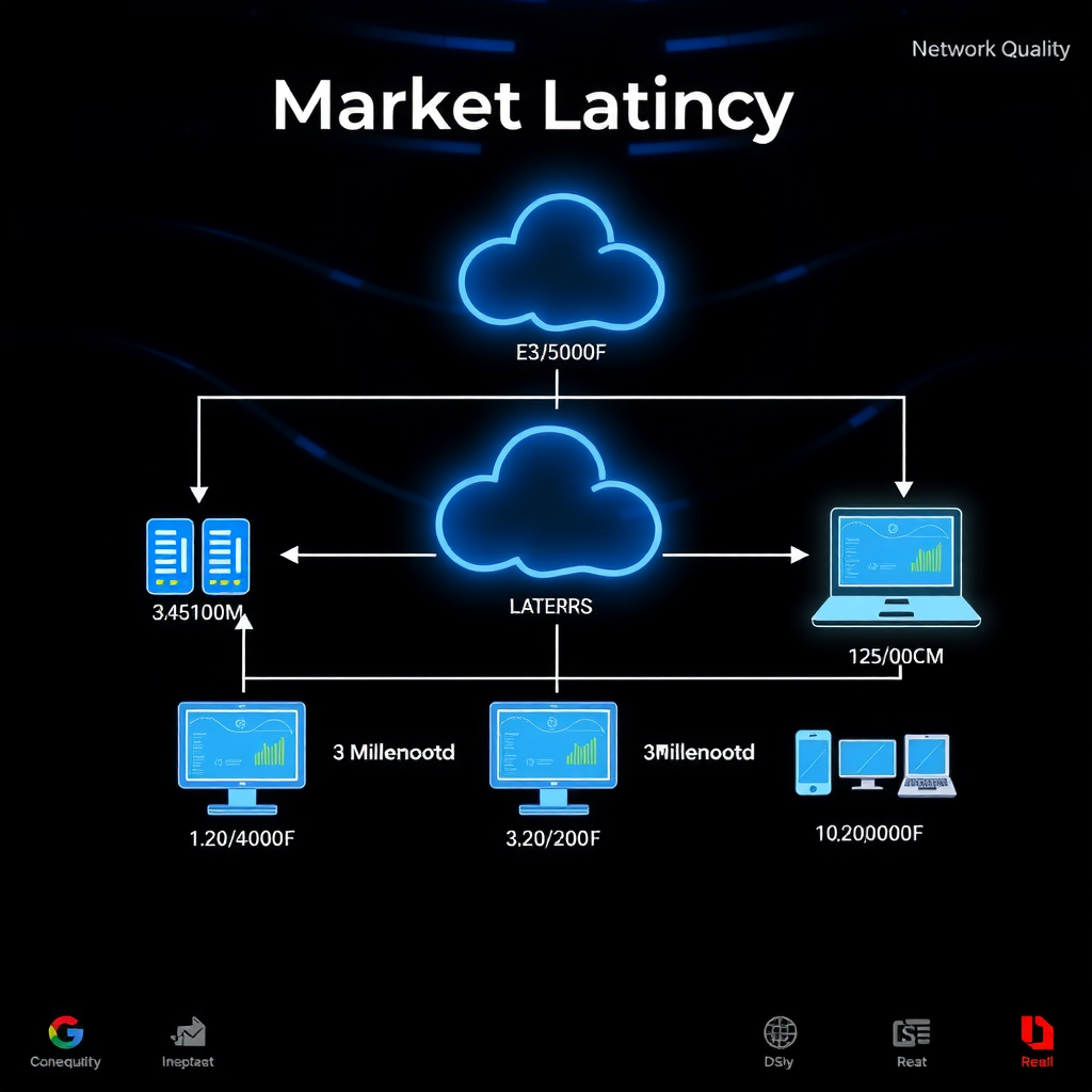 Technical diagram illustrating network latency in market data transmission, showing data flow from exchange servers through various network nodes to end-user trading terminals with millisecond timestamps