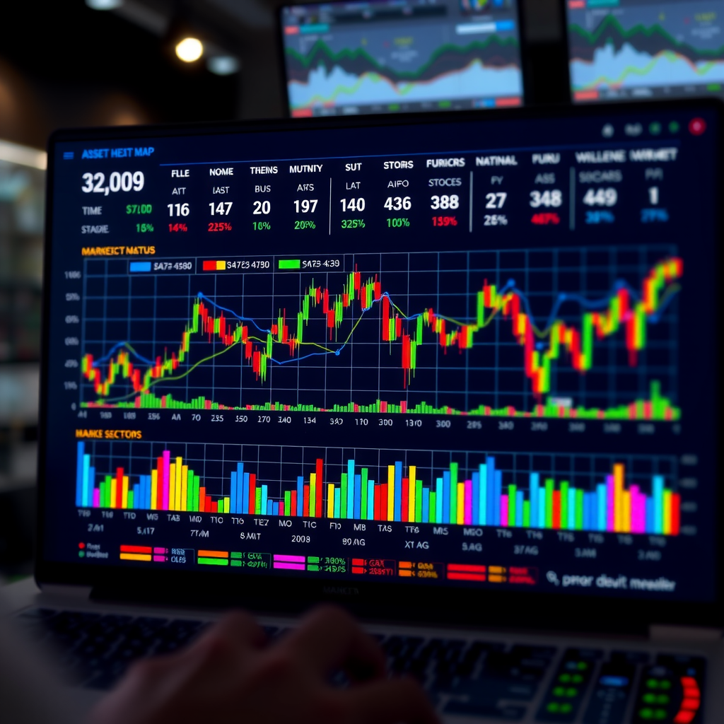 Market heat map display showing color-coded asset performance across multiple sectors and timeframes with real-time data visualization and intensity gradients
