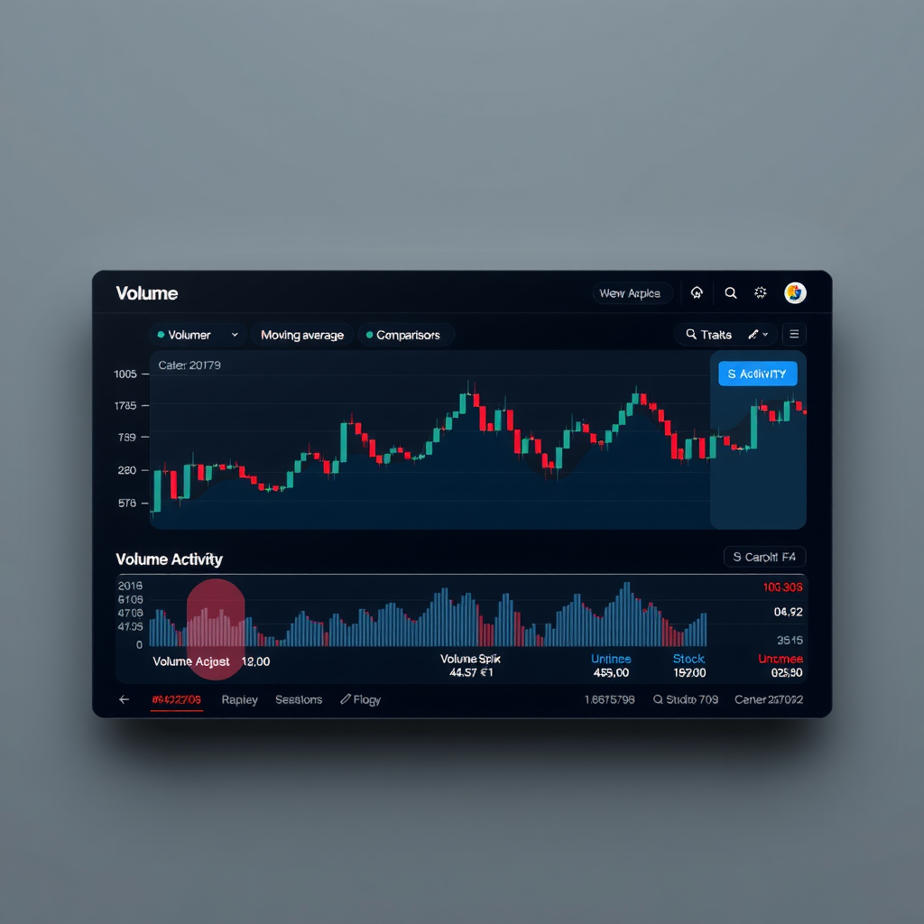 Volume analysis dashboard displaying volume bars, moving average comparisons, and volume spike indicators with highlighted unusual activity zones on cool gray background
