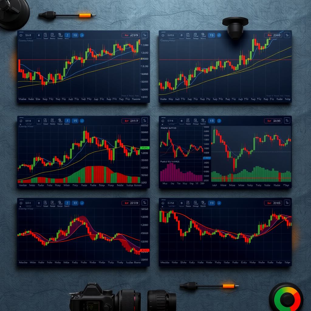 Multiple technical analysis charts displaying candlestick patterns, volume profiles, heat maps, and custom indicators with professional color-coded overlays on slate background with orange highlights