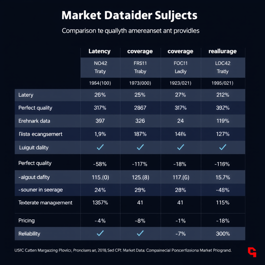 Comprehensive comparison chart showing different market data providers with metrics for latency, coverage, pricing, and reliability displayed in a professional dashboard format