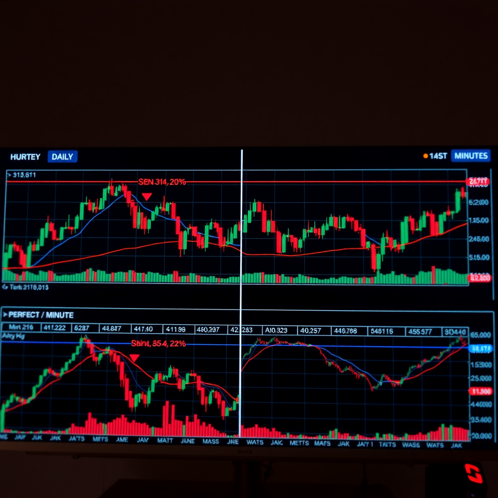 Multi-timeframe chart layout displaying daily, hourly, and minute charts side by side with synchronized technical indicators and trend lines for comprehensive market analysis