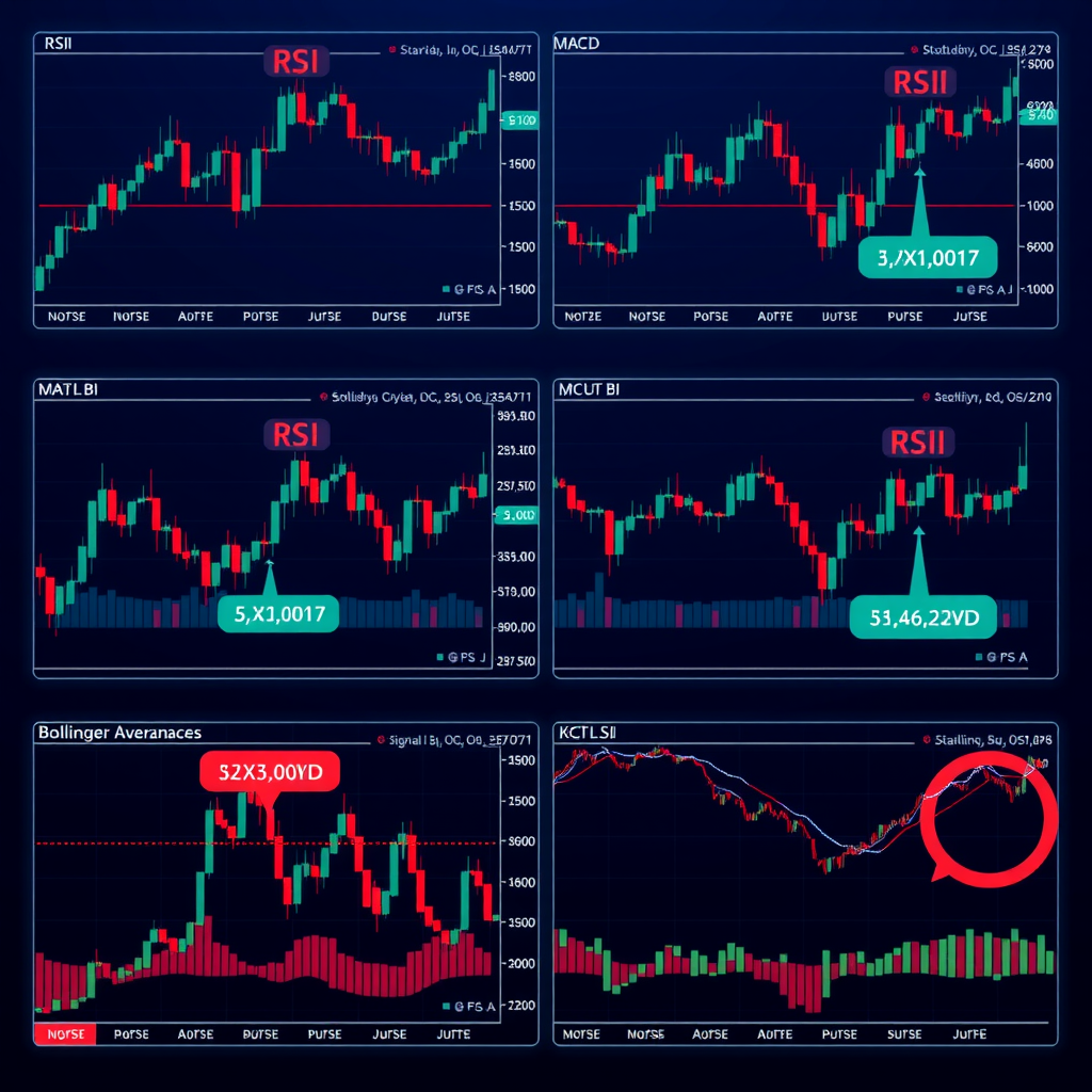 Multiple technical indicator panels showing RSI, MACD, moving averages, and Bollinger Bands with highlighted signal zones and crossover points on deep navy background with teal indicators