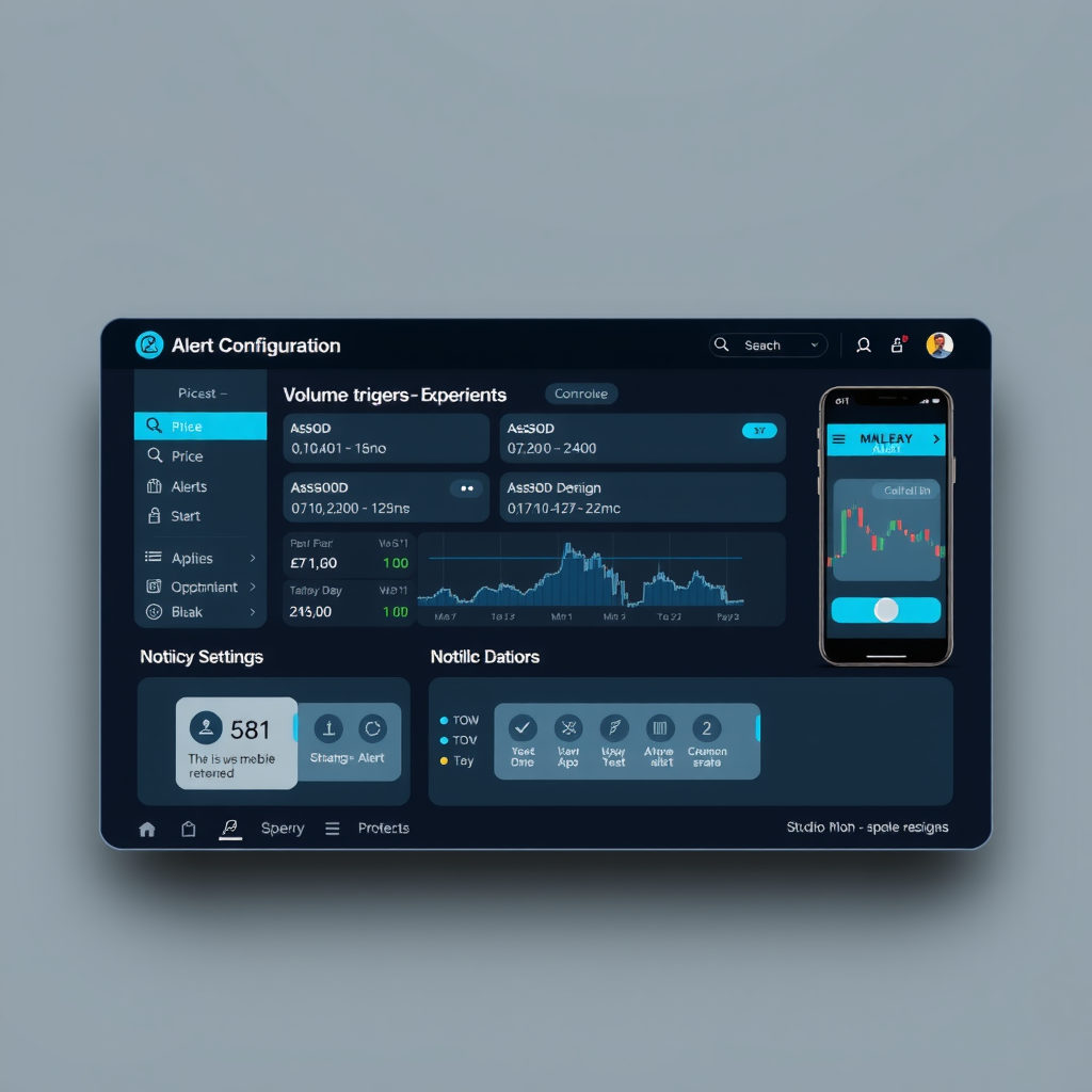 Modern alert configuration dashboard showing price alerts, volume triggers, technical indicator signals, and notification settings with mobile device integration on cool gray background with teal interface elements