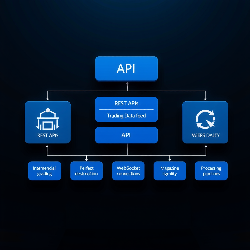 Technical architecture diagram showing API integration between trading platform and market data feeds, including REST APIs, WebSocket connections, and data processing pipelines