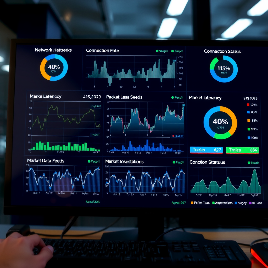Real-time connection monitoring dashboard showing network health metrics, latency graphs, packet loss indicators, and connection status for multiple market data feeds