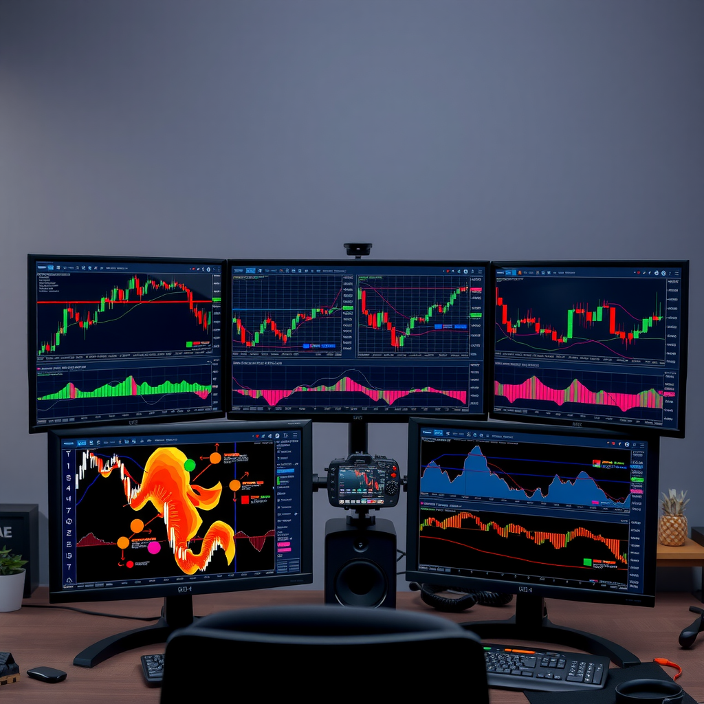 Complete trading workspace setup displaying all five visualization techniques integrated together including candlestick charts, volume profiles, heat maps, multi-timeframe analysis, and custom indicator overlays in a professional platform layout