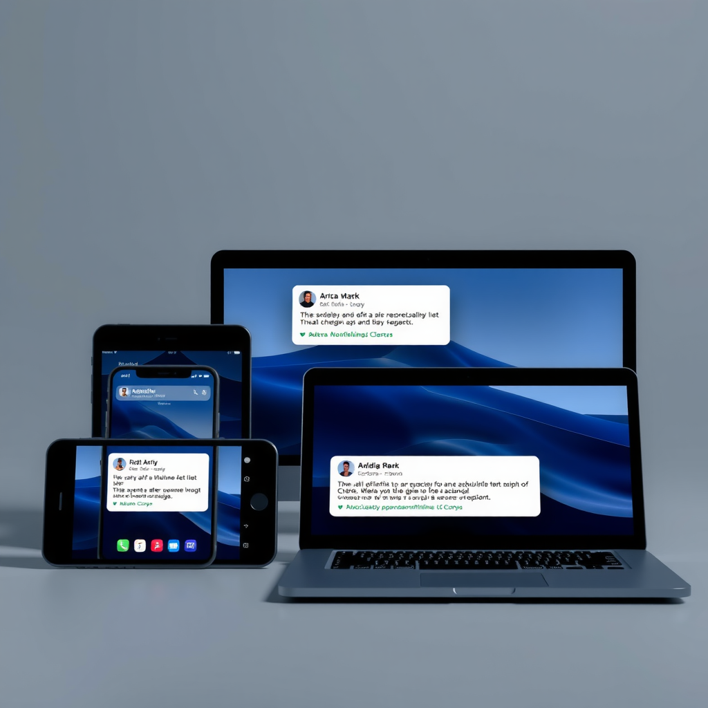 Multiple devices including smartphone, tablet, and laptop displaying synchronized alert notifications across platforms with consistent interface design on cool gray background