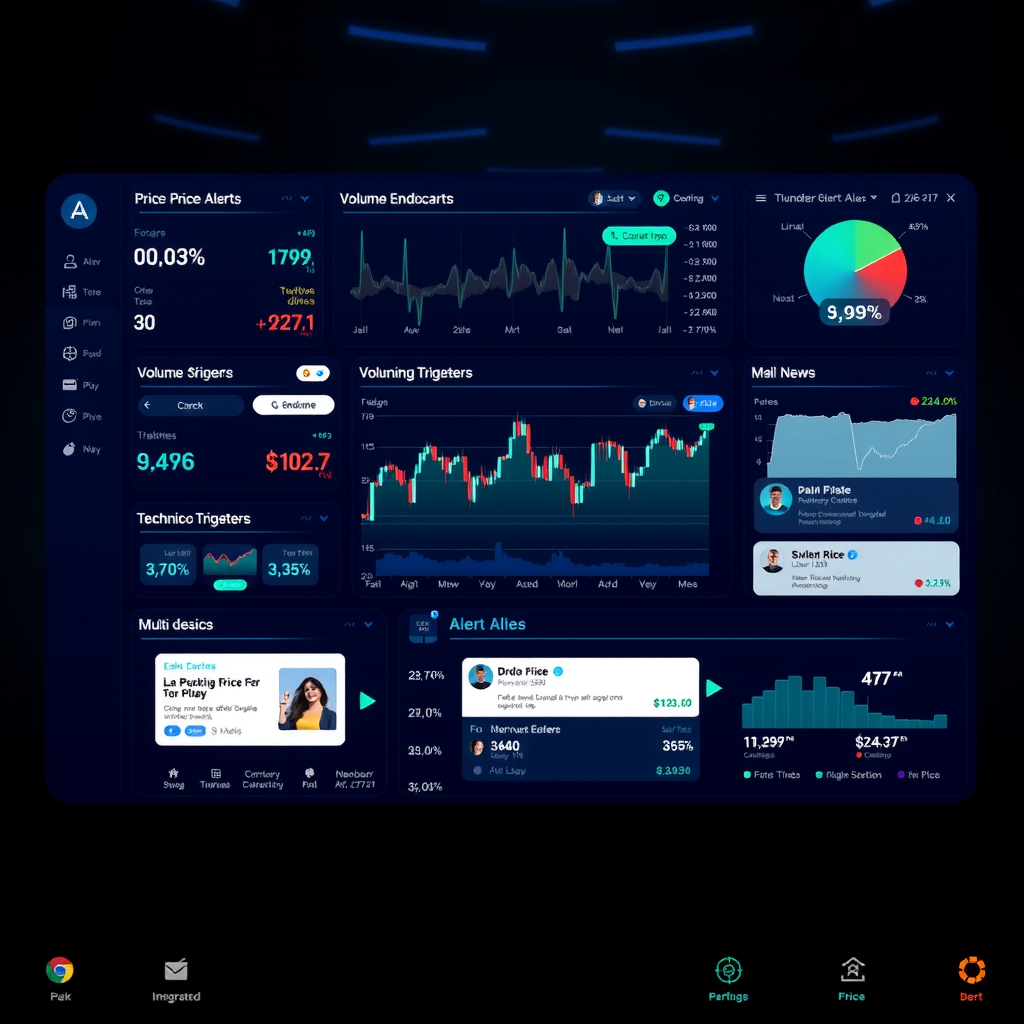 Comprehensive alert system dashboard showing integrated price alerts, volume triggers, technical indicators, news feeds, and multi-device notifications in a unified interface with deep navy background and teal accents